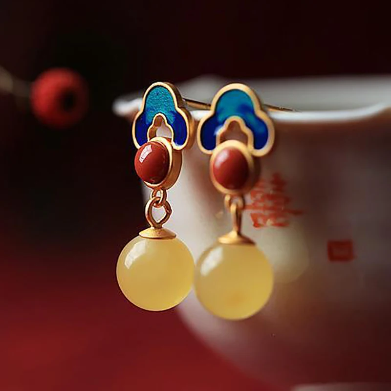 New design ancient gold craftsmanship inlaid natural yellow round chalcedony high sense ladies attending party silver jewelry silver jewelry