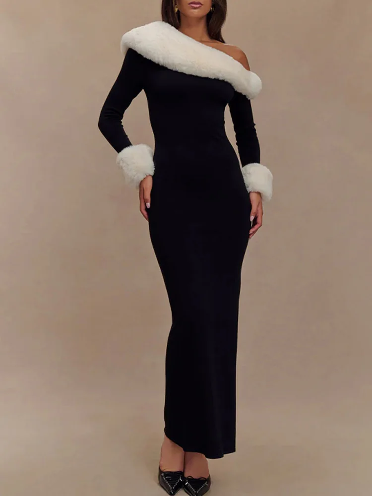 Vestido de manga larga con abertura y empalme de felpa para mujer, sexy, con cuello oblicuo, elegante, para fiesta de invierno.