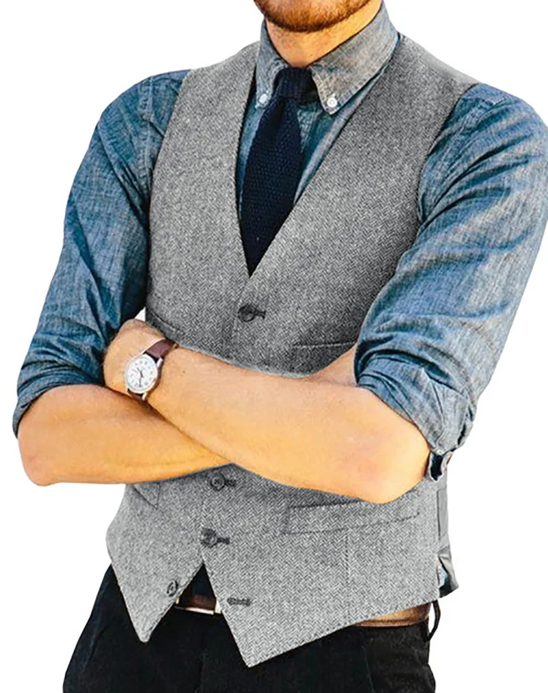 Men's Suit Vest Customized Wedding Wool Herringbone Tweed Business Vest Jacket Casual Slim Vest Suitable for Groomsmen Men's Wed