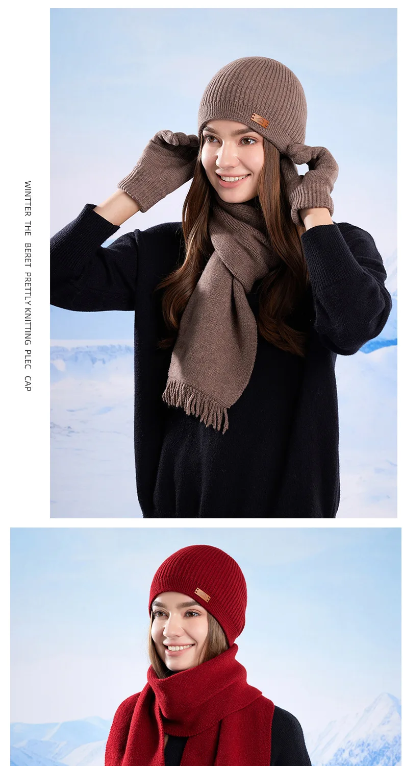 3 Pcs Sets Winter Women Plush Knitted Cold Hat Warm Woolen Head Cap Scarf Gloves Hats Outdoor Ear Windproof Beanies Cap