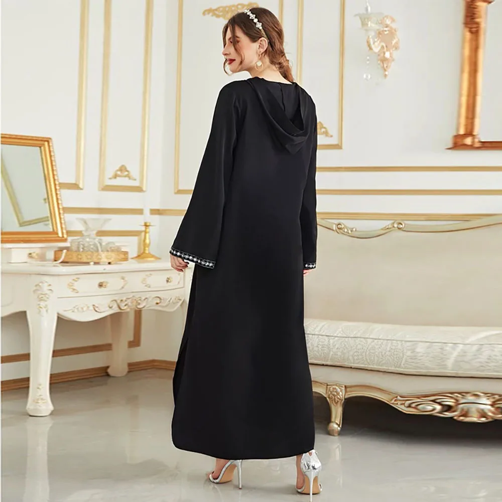 Arab Dubai Kaftan Women's Robe Long Sleeve Hooded Split Dress V-Neck Islam Eid Abaya Female Muslim Clothing Applique Djellaba
