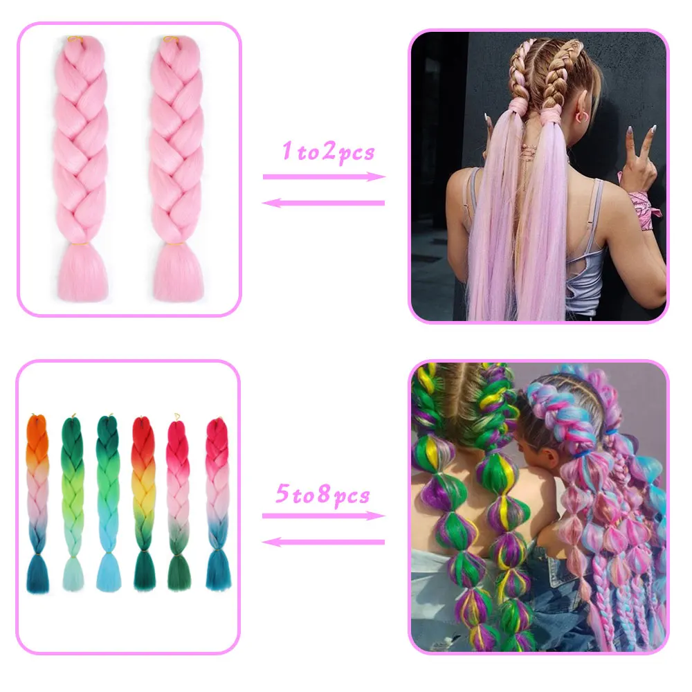 AZQUEEN-Extensión de cabello trenzado sintético Jumbo para mujer, trenzas de pelo, color rosa, morado y amarillo, 24 pulgadas