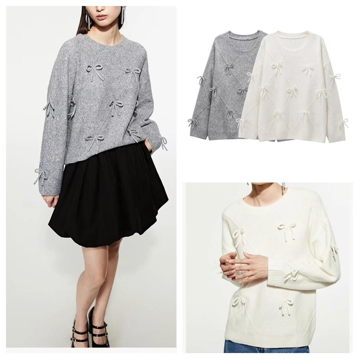 FRANCES™ - Fashionable Bow Print O-Neck Knit Winter Sweater Pullover