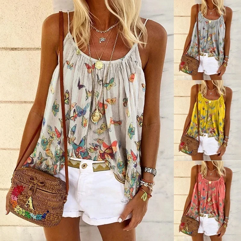 

Summer Women Beach Bow Printed Sling Tank Top T-shirt Fashion Ladies Loose Bohemian A-Line Holiday Plus Size Sleeveless Top