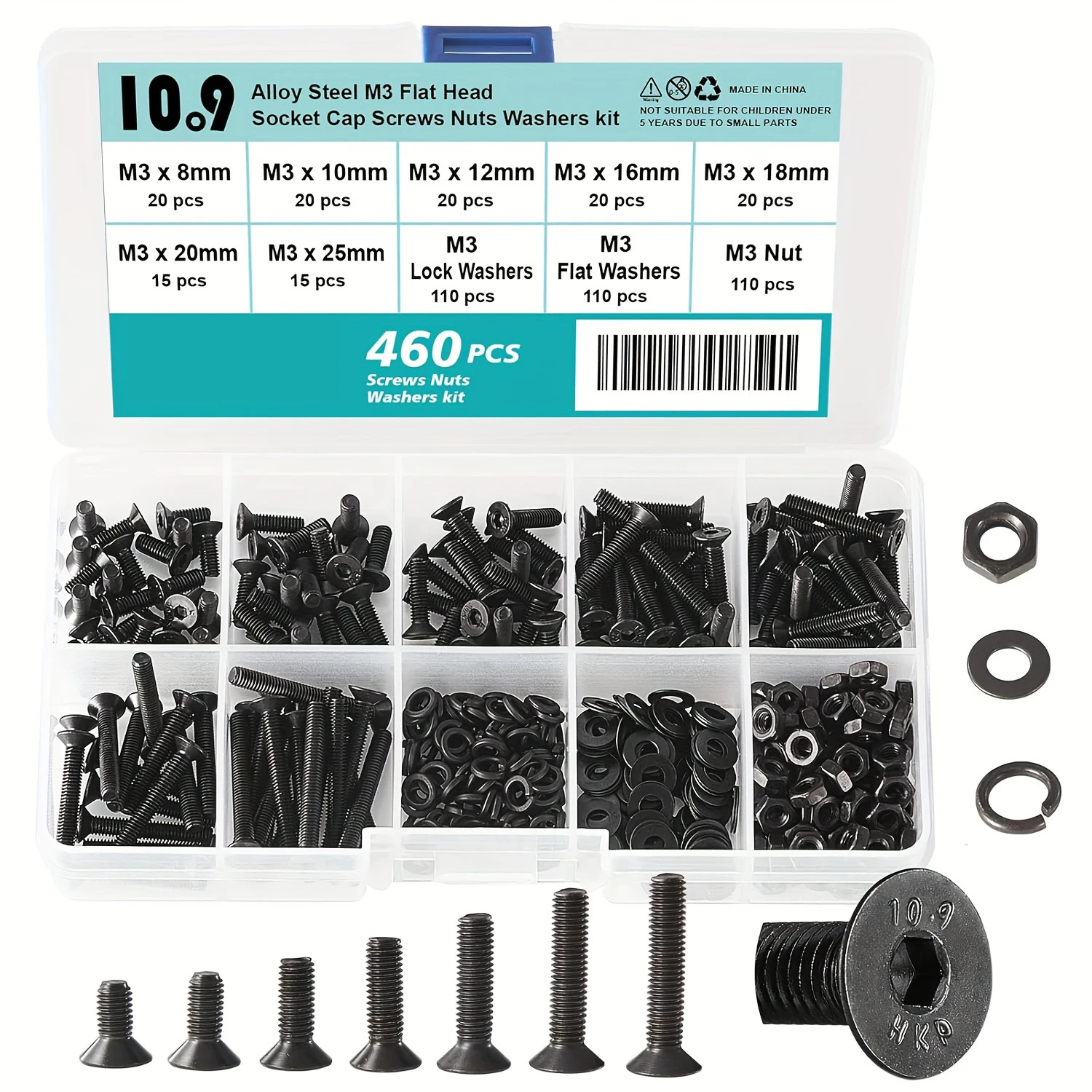 460 PCS/400PCS M3 x 8mm 10mm 12mm 16mm 18mm 20mm 25mm 30mm 35mm 40mm 45mm 50mm Flat Head Hex Socket Cap Screws Countersunk Bolt
