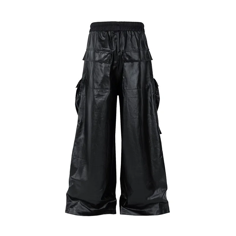 Trendy American Street Men's Work Pants PU Leather Pocket Wide Leg Trousers Solid Color Darkwear Male Casual 21Z7056 FEWQ