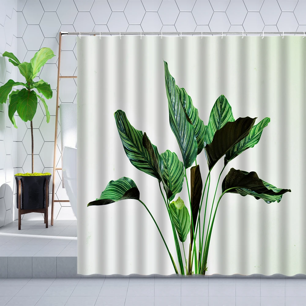 

Tropical Green Plant Shower Curtain Set Summer Palm Tree Leaf Pattern Home Decor Bathroom Hanging Curtains Hooks Bathtub Screen