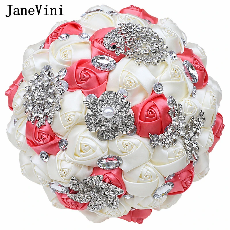 

JaneVini Buque De Noiva Vintage Silver Jewelry Brides Bouquet Wedding Satin Flowers Crystal Rhinestone Bridal Bouquets Luxury