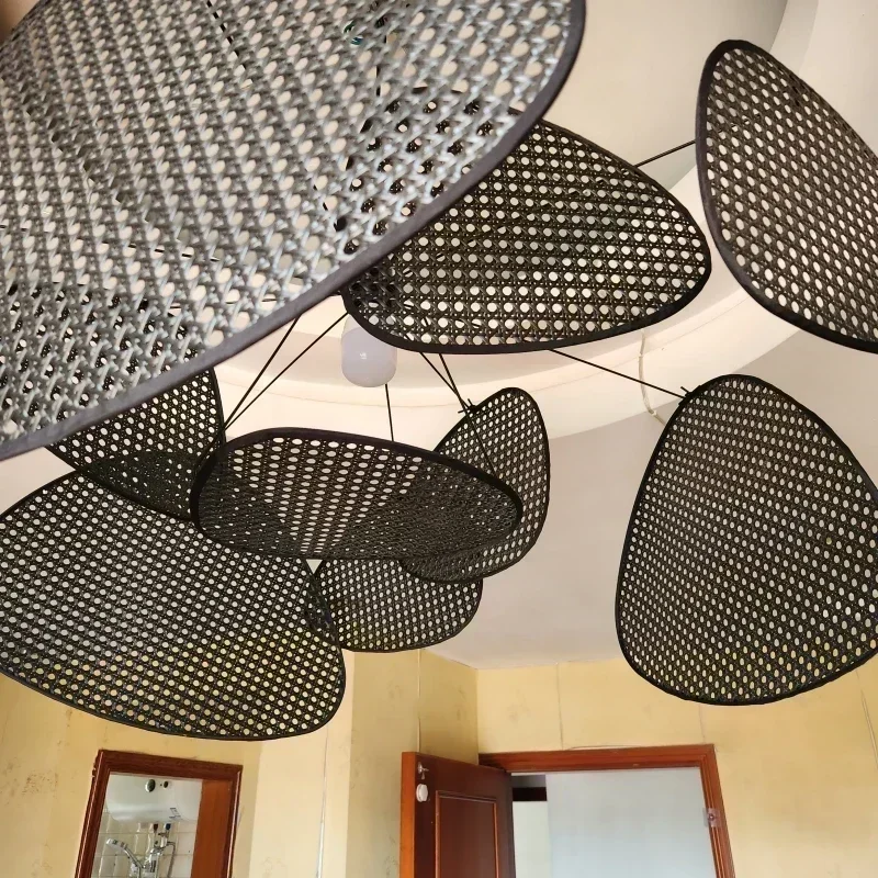 French Designer Black Canework Screens Chandelier Indoor House Rattan Suspension Lighting Decor for Living Dining Room LED Lamp