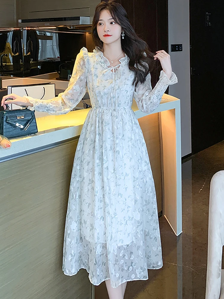 Women Boho Jacquard Floral Chiffon Long Dress Autumn Long Sleeve Elegant  Ruffled Luxury Dress  Fashion Bodycon Holiday Dress