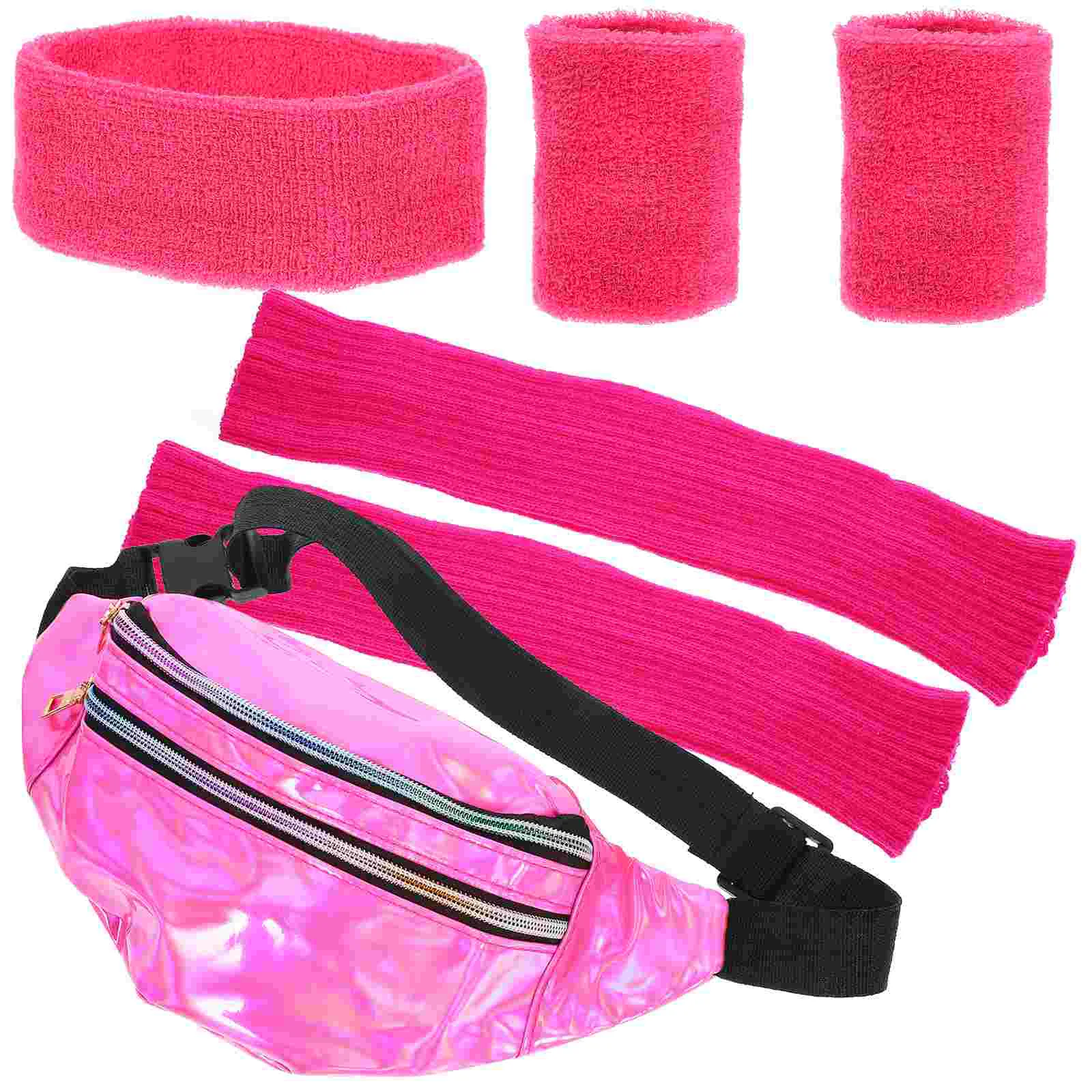 Retro 80S Women Sports Accessories Set Fashion Clutch Neon Fanny Pack Headband Leg Warmers Wristbands Special Use Headwear