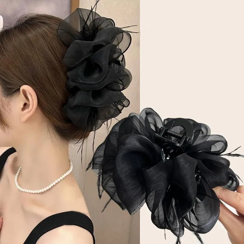 Pinza de pelo de burbujas de malla para mujer, pinza de tiburón con borla de plumas de temperamento elegante, pinza para el pelo de cola de caballo para chica a la moda