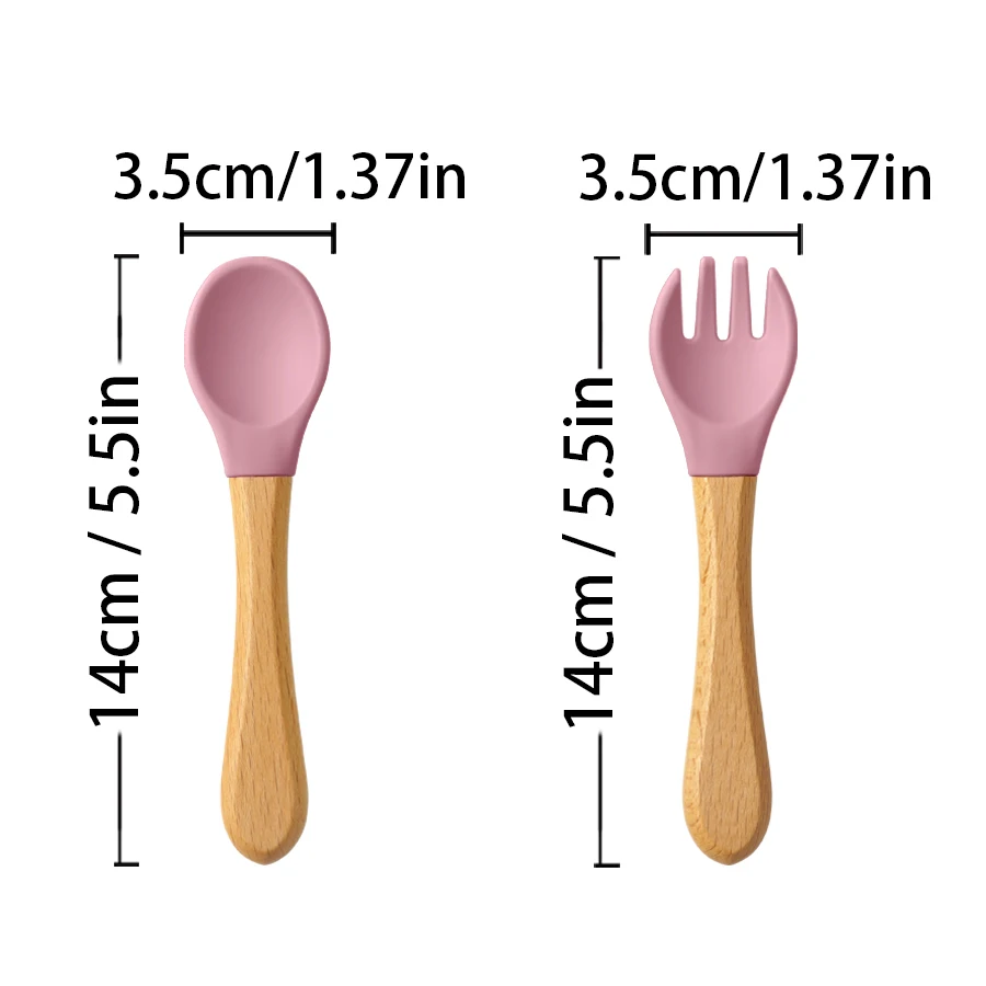 2PCS Baby Learning Spoons Utensils Set Food Grade Wooden Handle Silicone Spoon Fork Cutlery Training Spoon Feeding Tableware 5