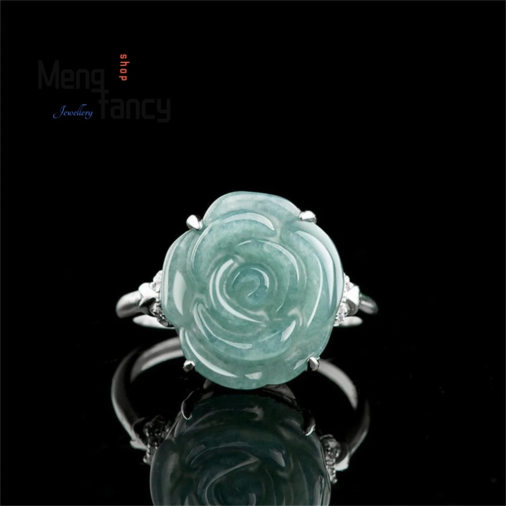 S925 Silver With Natural A-goods Jadeite Icy Blue Water Rose Eternity Ring Elegant Exquisite Fashion Luxury Jewelry Holiday Gift