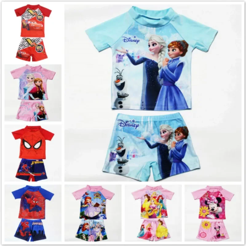Kid Boy Girl Swimwear T Shirt Top+Short 2pcs Children Set Beach Swimsuit Bathsuit Princess Frozen Elsa Anna Spiderman Minnie Car kids swimsuits