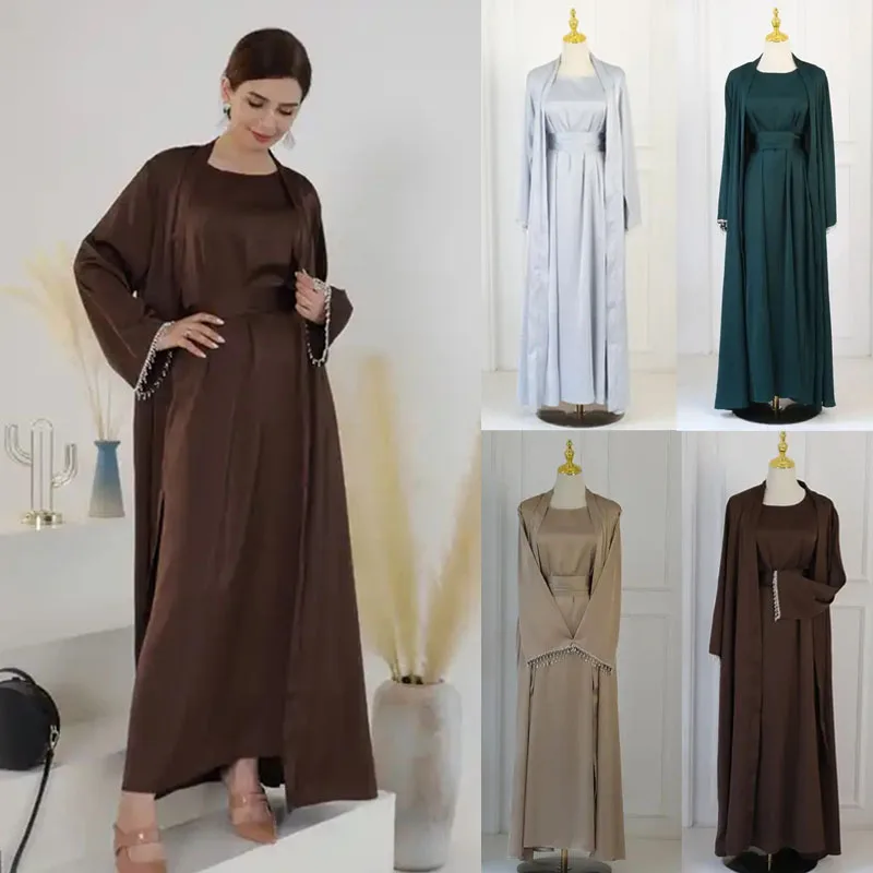 

2 Piece Abaya Long Dress for Women Ramadan Eid Crepe Islamic Clothing Hijab Robe Dubai Turkish Party Kaftan Outfit Muslim Set