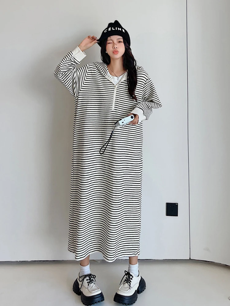 

2023 Spring Autumn Korean Fashion Long Sleeve Woman Dress Vestidos Loose Plus Size Hooded Striped Zip Long Dresses For Women