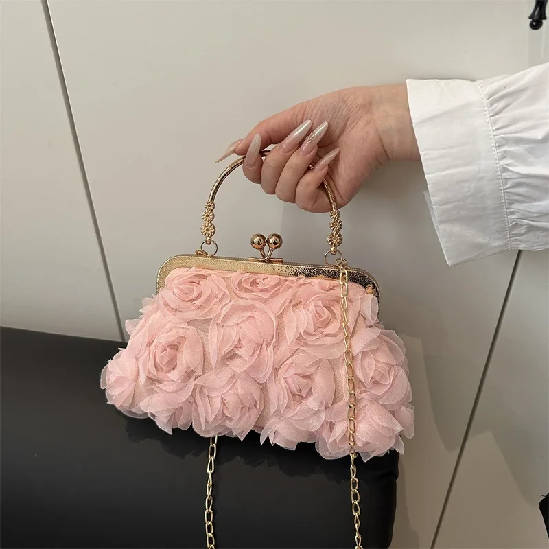 Elegant 3D Floral Golden Tone Chain Strap Clutch Purse for Women Handbag with Clasp Closure for Weddings, Parties Formal Events