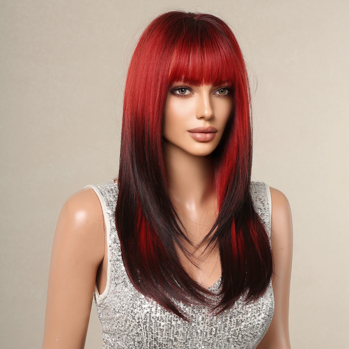 HENRY MARGU Long Straight Layered Wigs With Bangs Ombre Red  display picture 2