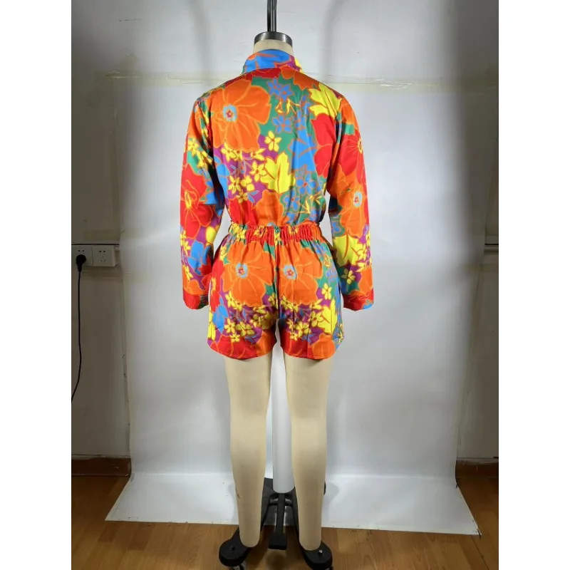 Flower Printed Women 2 Piece Set  Tracksuit 2024 Summer Long Sleeve Loose Shirt Elastic Waist Shorts Vacation Outfit Streetwear