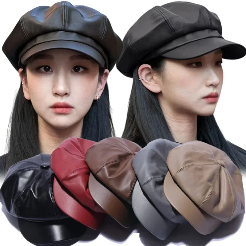 PU couro octogonal Cap para homens e mulheres, quente, francês, feminino, coreano, retro, pintor, taxista, boina, inverno