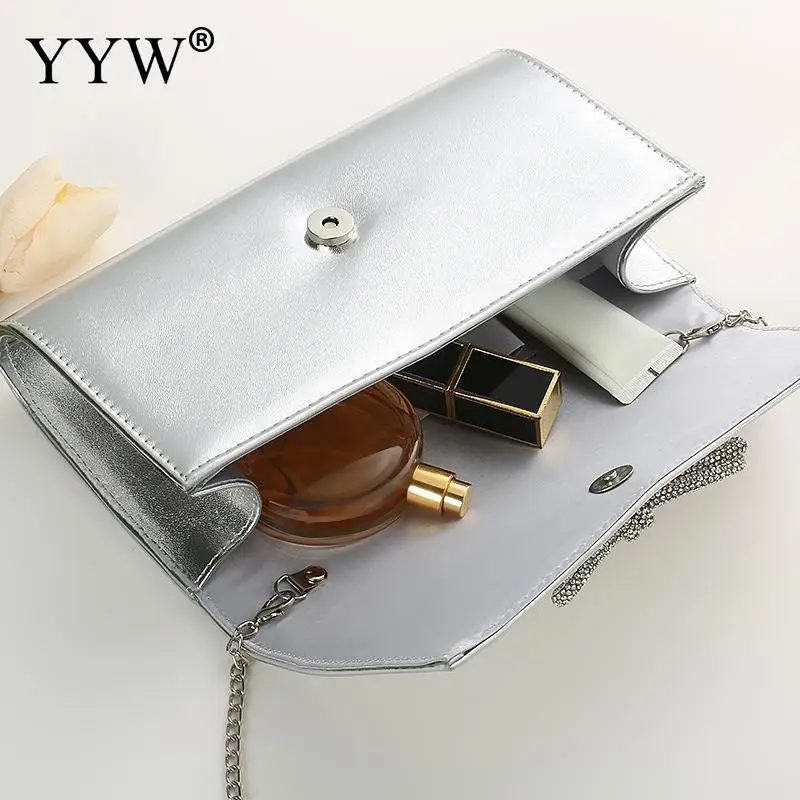 Luxury Designer Women Handbag Crystal Shiny Rhinestone Bow Evening Bag Dinner Party Silver Clutch Purse Shoulder Messenger Bag