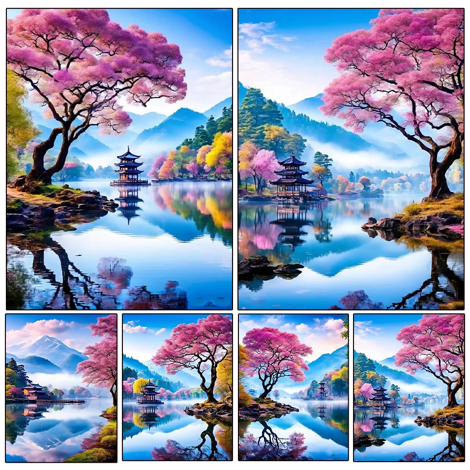 5D DIY 다이아몬드 페인팅 모자이크 풍경, 산 및 바다 사쿠라 나무 십자가 ..