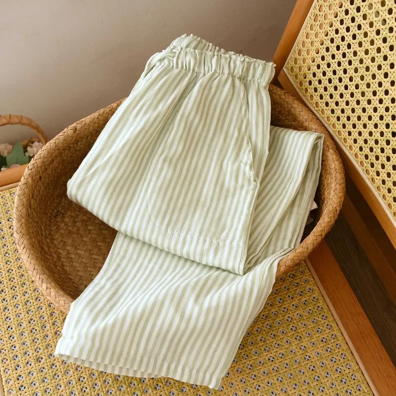 2026 New Women's Spring/Summer Sleeper Pants 100% Cotton Gauze Striped Tether Pants Striped Loose Thin Home Pants 5