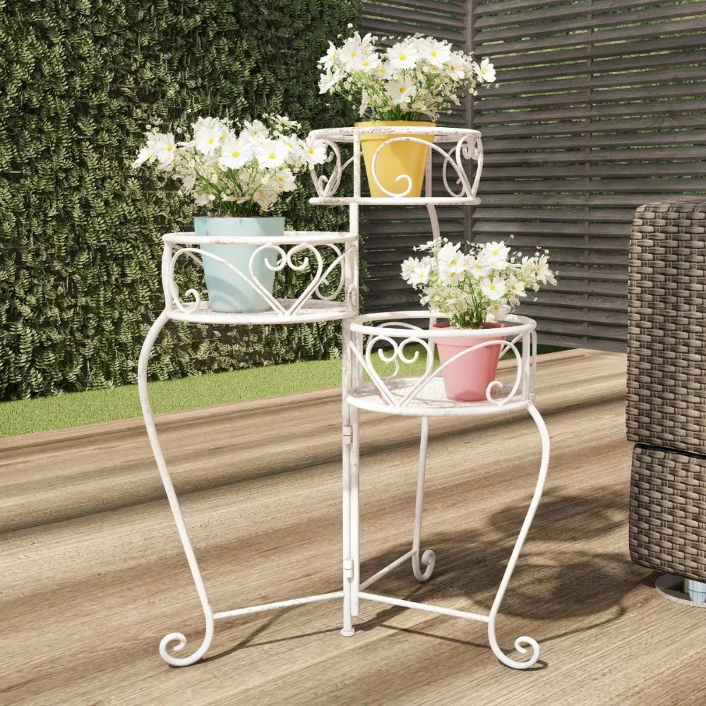 

Plant Stand– 3-Tier Indoor or Outdoor Display with Staggered Shelves By Boussac (Antique White) Home Decoration