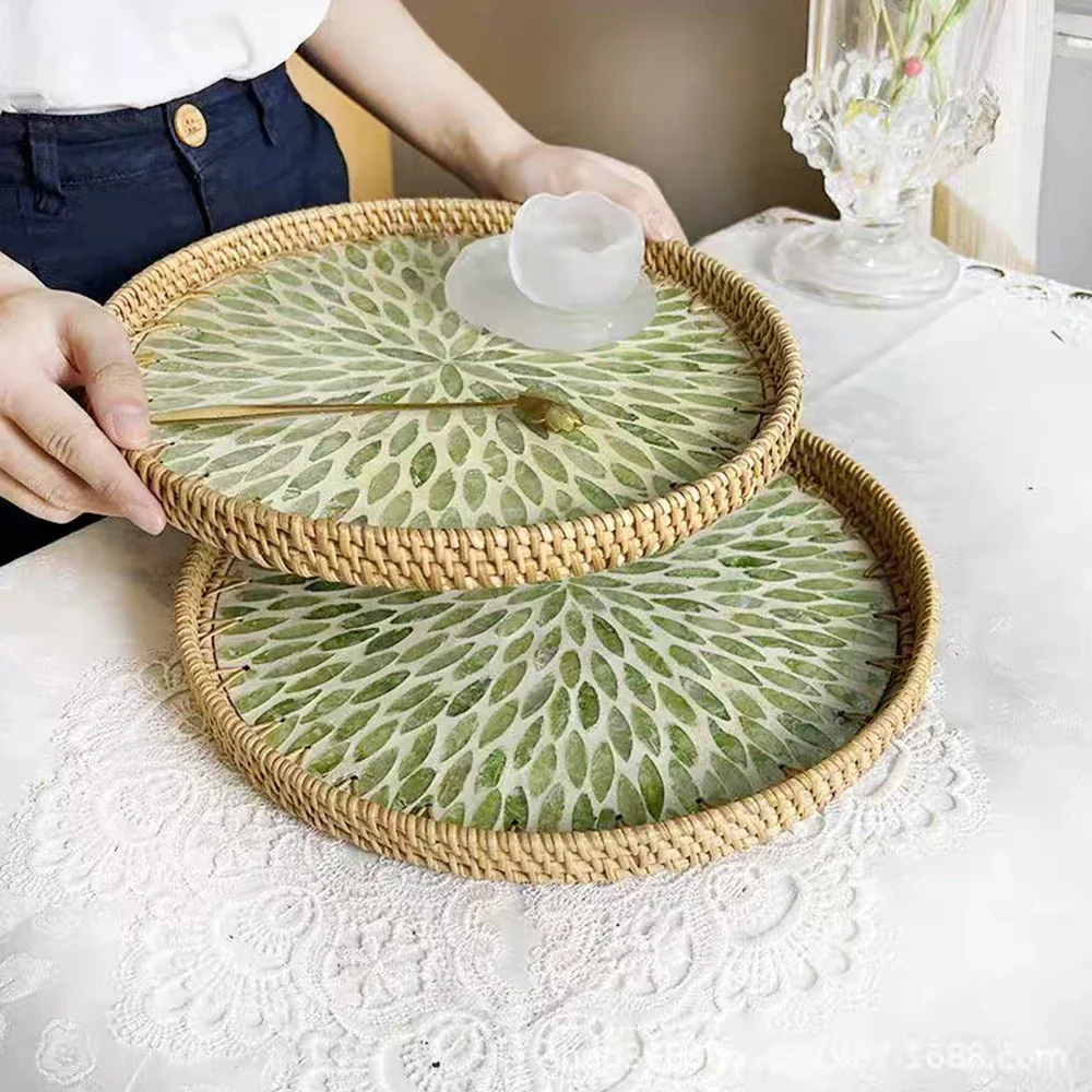 1pc Round Rattan Tray Hand Woven Basket Home Decor Organizer Rattan Tray Wicker Basket for Home Kitchen Table Decor