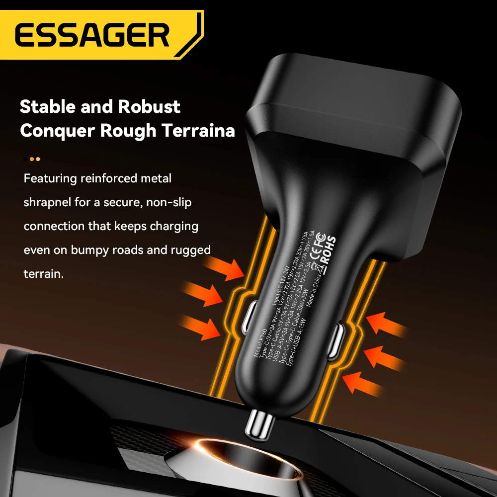 Essager 65W USB C Car Charger 3 Ports with Retractable Cable PD3.0 QC3.0 30W Fast Charging for iPhone 16 15 iPad Samsung Xiaomi