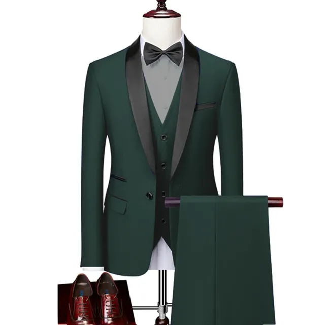 Men Skinny 3 Pieces Set Formal Slim Fit Tuxedo Prom Suit / Male Groom Wedding Blazers High Quality Dress Jacket Coat Pants Vest - 3 Pcs Set Green, Asian 6XL is US 3XL