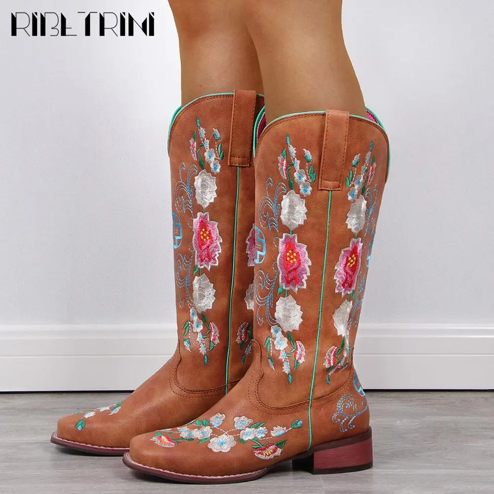 

Женские Ретро ботинки в этническом стиле, модные брендовые новые ковбойские ботинки до середины икры с цветочным принтом, Повседневная Классическая обувь из коровьей шкуры для женщин