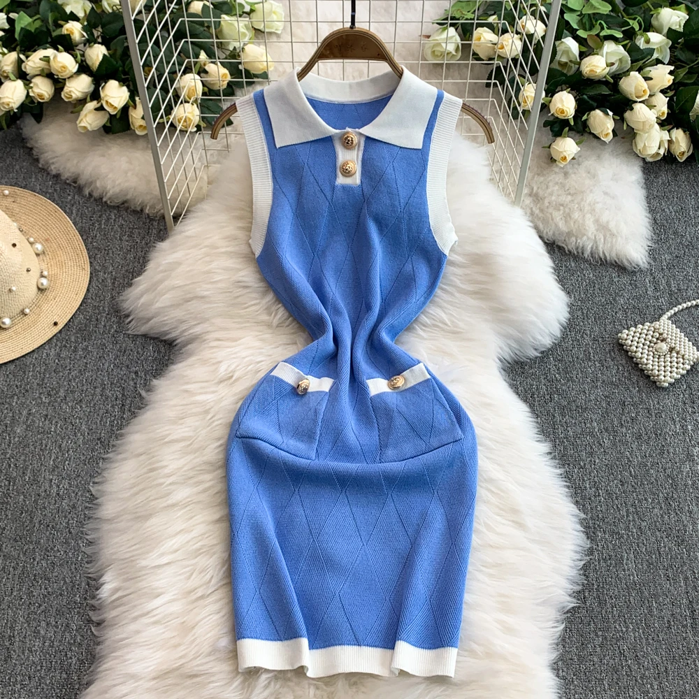REALEFT Vintage Sleeveless Women's Knited Wrap Dresses 2025 New Spring Summer Polo Collar Buttons Sheath Pencil Dress for Womens