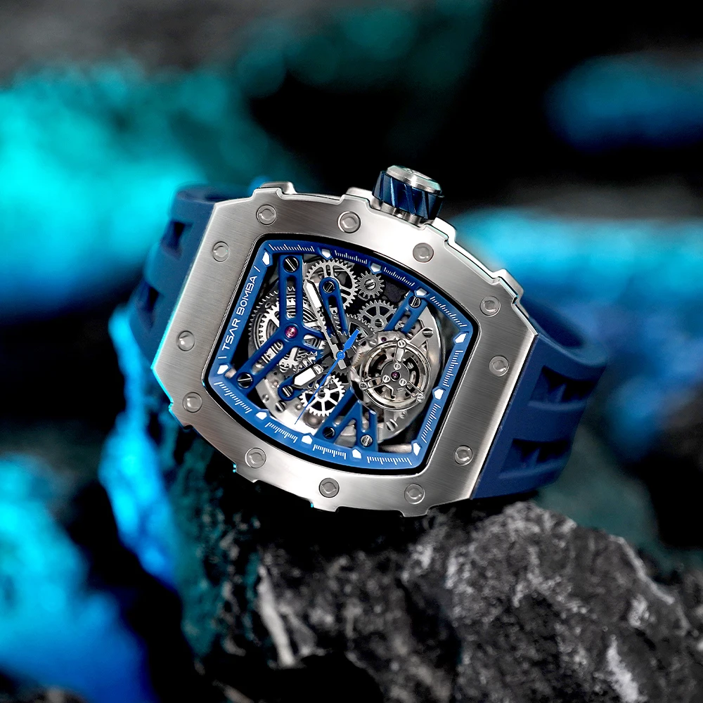 TSAR BOMBA Relógios mecânicos para homens safira tonneau relógio de pulso esqueleto azul moda luxo relógio automático masculino
