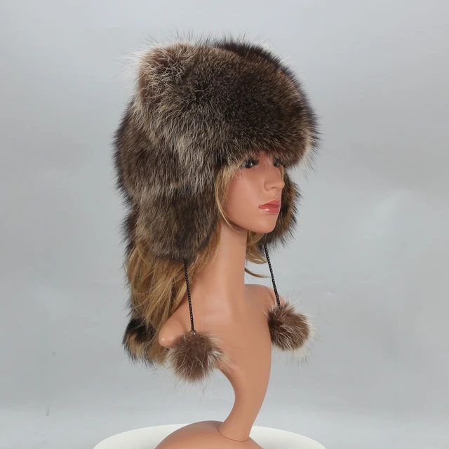 Raccoon Fur Trapper Hat, Earflap Hat, Cat Ears, Bomber