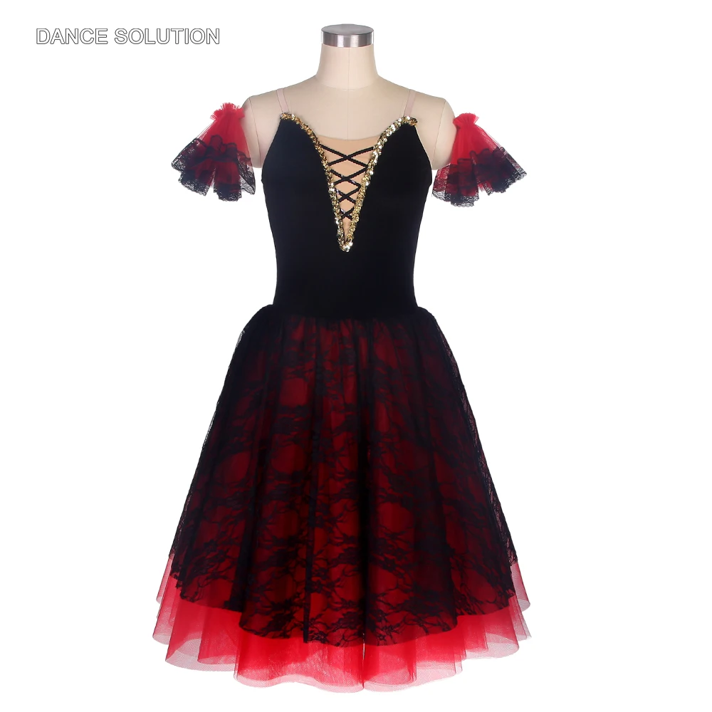 

Black Stretch Velvet Bodice with Long Romantic Tulle Skirt for Women Ballerina Stage Performance Dancewear Tutu Dress 22138
