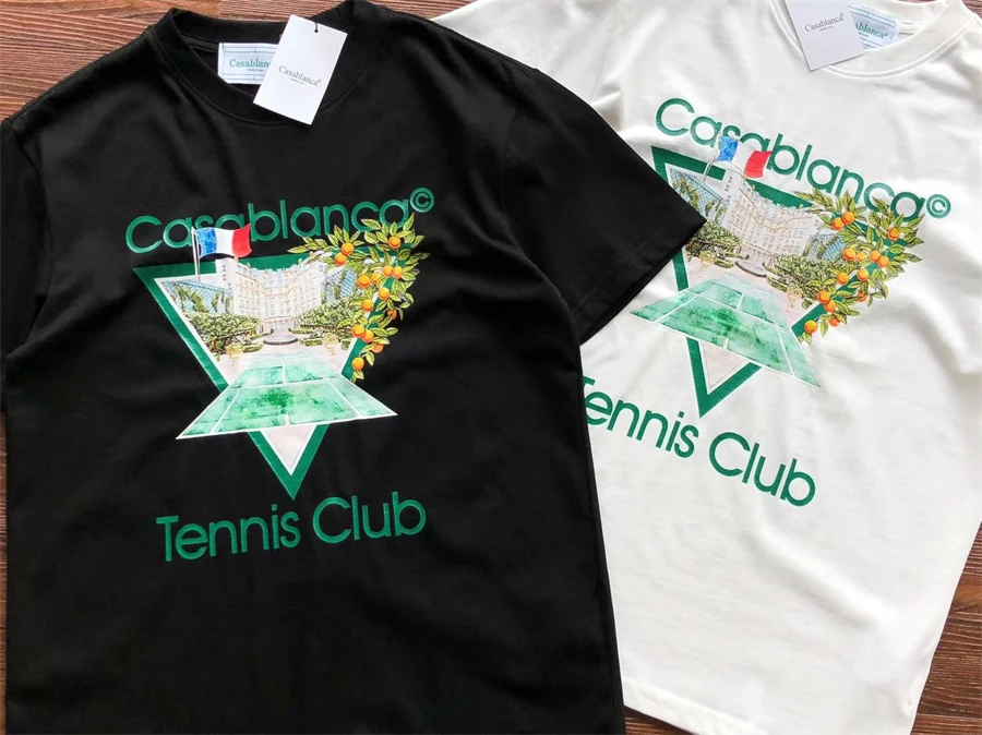 

2023ss Casablanca T-Shirts Men Women Black White Short Sleeve T Shirt Inverted Triangle Green Tennis Club Top Tees