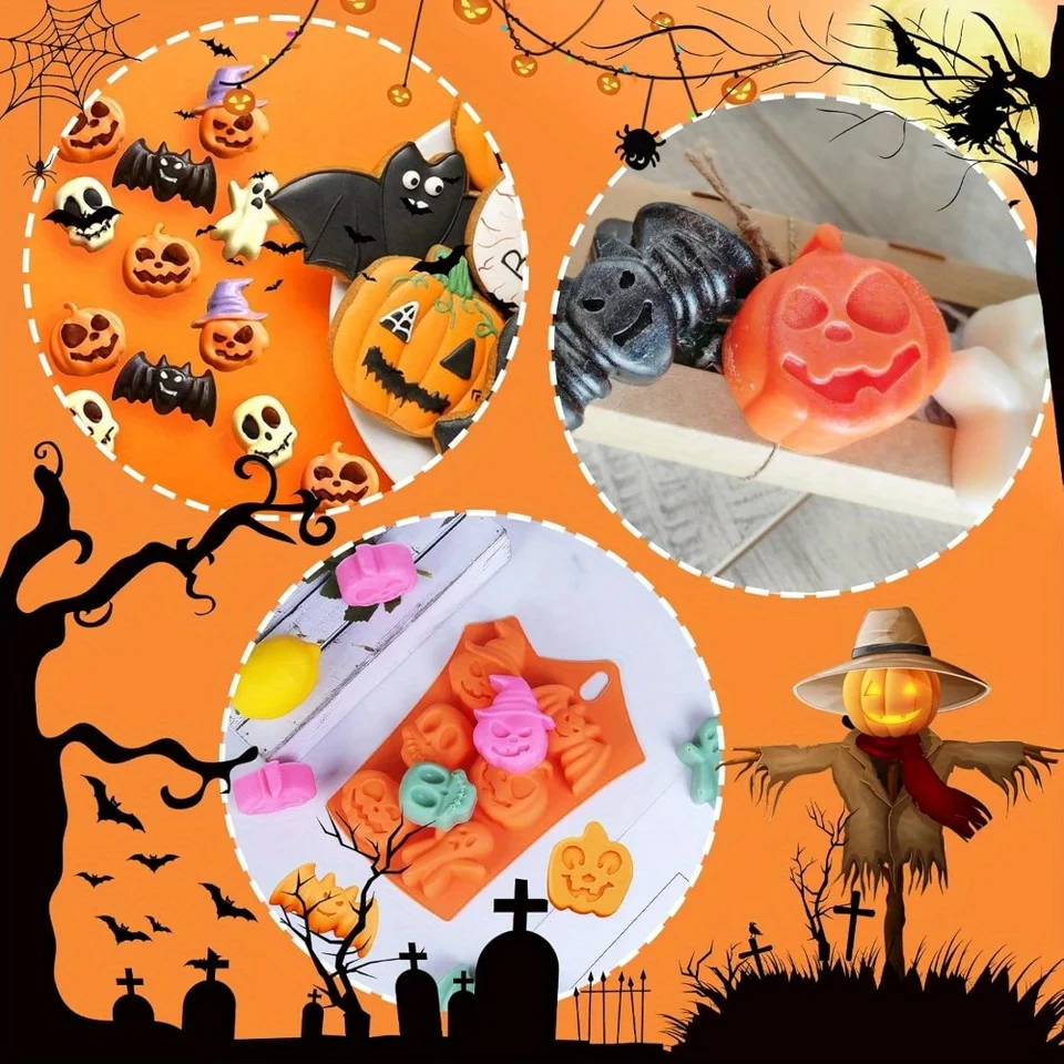 3 Stampi In Silicone Per Halloween: Fantasmi, Zucche Sorridenti E Arrabbiate, Ossa, Per Cioccolato E Ghiaccio