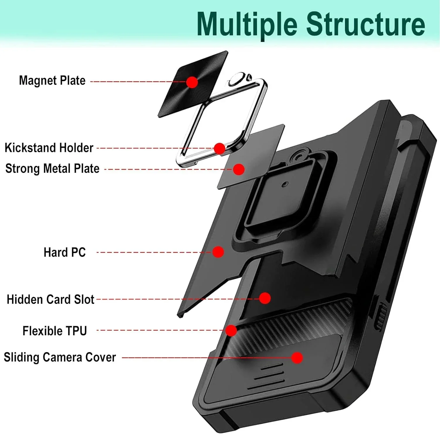 Luxury Slide Camera Card Holder Wallet Case with Ring Stand Cover