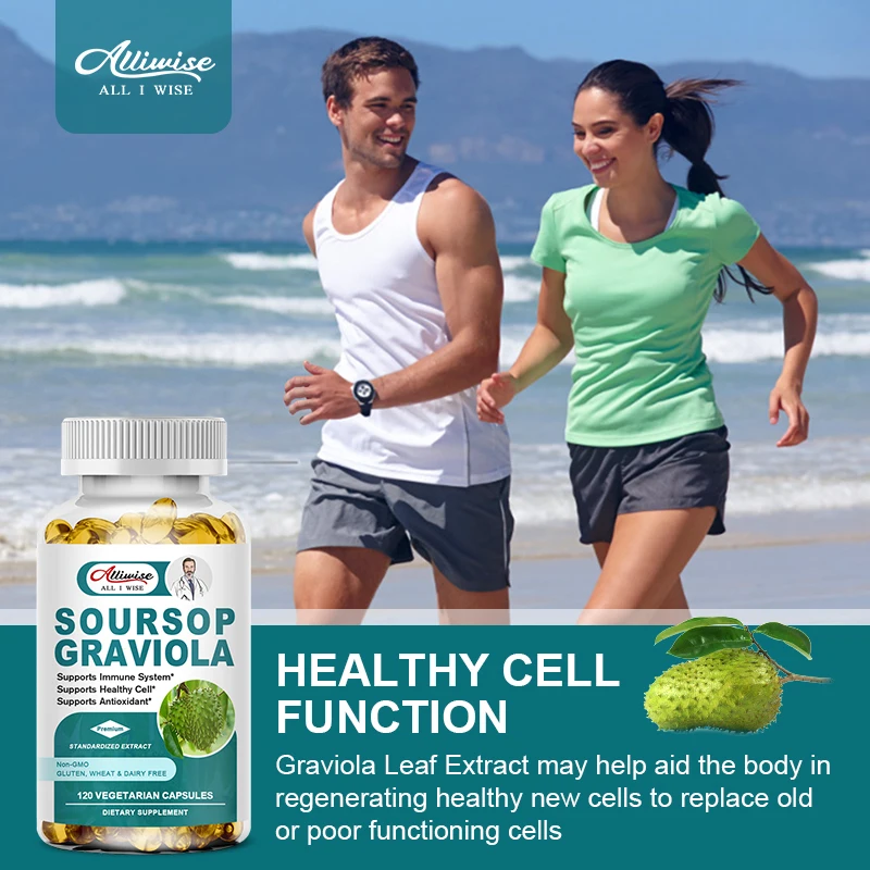 

Alliwise Organic Soursop Graviola Capsules 1000mg Cell Support & Healthy Skin, Regeneration, Stress Relief Help Digestion Health