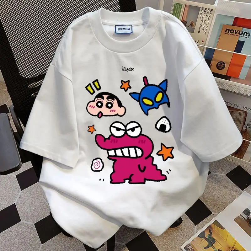 

Kawaii Мультфильм Crayon Shin Chan однотонная с коротким рукавом 100% хлопок аниме летняя футболка свободный комфорт повседневная одежда для девочек