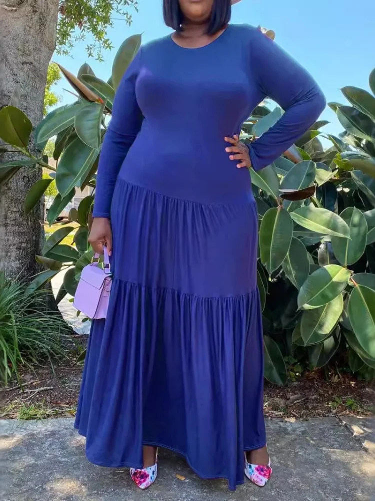 Wmstar Dress Women Wholesale The Fashionable Selling Comfortable Large Sized Round Neck Solid Color Pleated Design Dresses