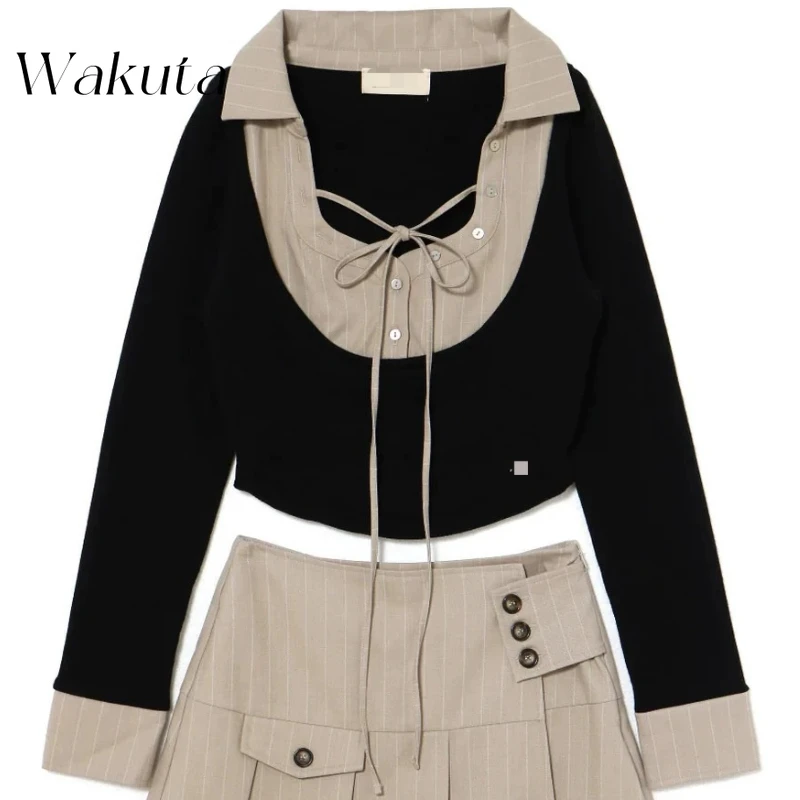 WAKUTA Japanese Sweet Lapel Tied Long Sleeve Shirt Style Top Temperament Striped Pleated Mini Skirt Irregular 2-piece Set Spring 5