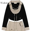 WAKUTA Japanese Sweet Lapel Tied Long Sleeve Shirt Style Top Temperament Striped Pleated Mini Skirt Irregular 2-piece Set Spring 5