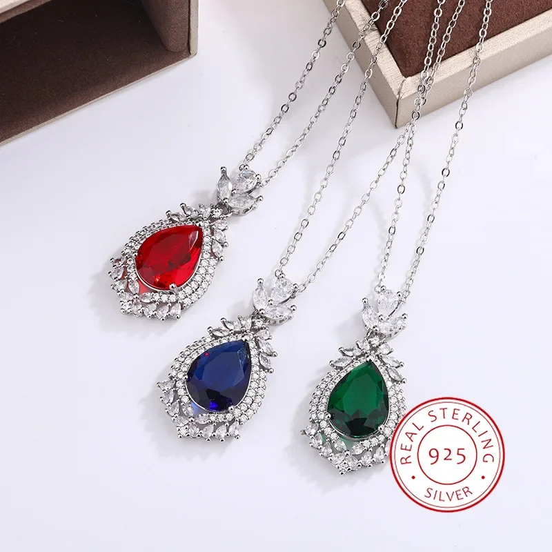 Silver Necklace Exquisite 925 Silver Plated Necklace For Women Elegant Colorful Water Drop Shaped Zircon Pendant Fashion Party Jewelry Gift
