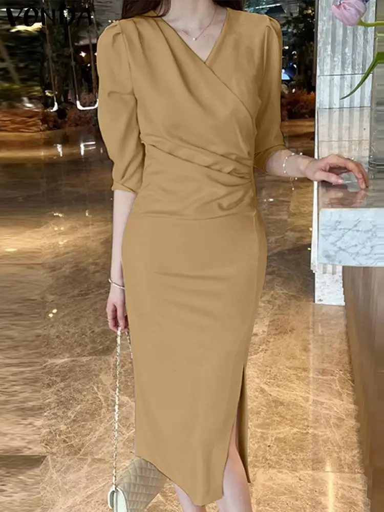 

Модный женский сарафан VONDA, элегантное офисное женское платье 2023 осень, сексуальное плиссированное платье средней длины с V-образным вырезом, женское пляжное платье