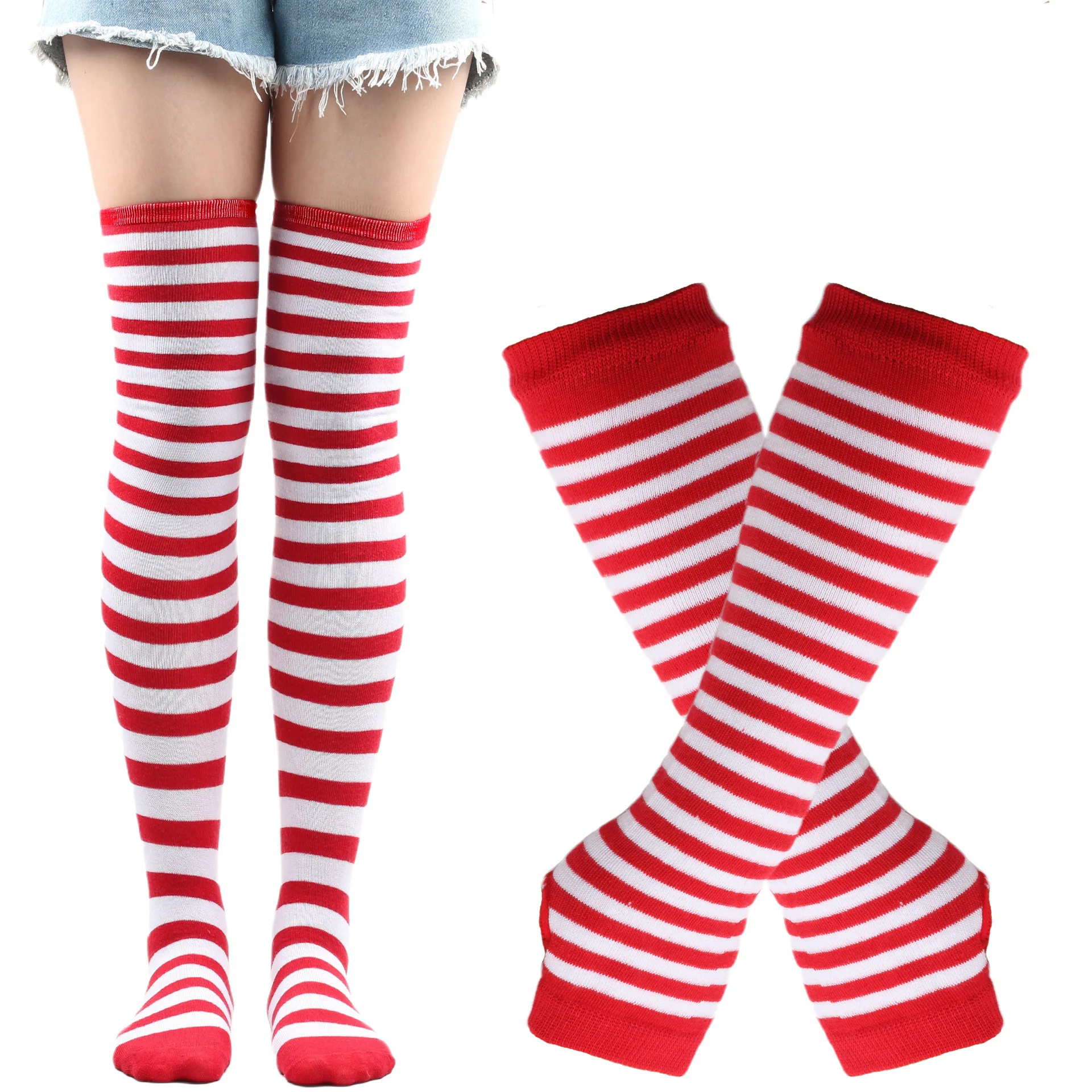 1 Set Damen Mädchen Overknee Lange Gestreifte Bedruckte Oberschenkelhohe Baumwollsocken Mädchen Armstulpen Handschuhe Socken Cosplay-Anzug Weihnachtsgeschenk – Detail 3