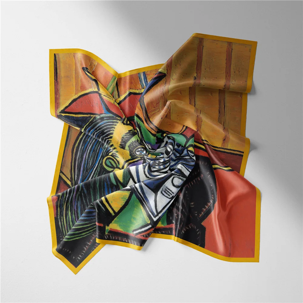 Picasso Ölgemälde Mode Frauen Schal Wraps Twill 100 % Seidenschal 53 cm quadratische Schals Kopftuch Hijab Halstuch Bandana – Detail 8