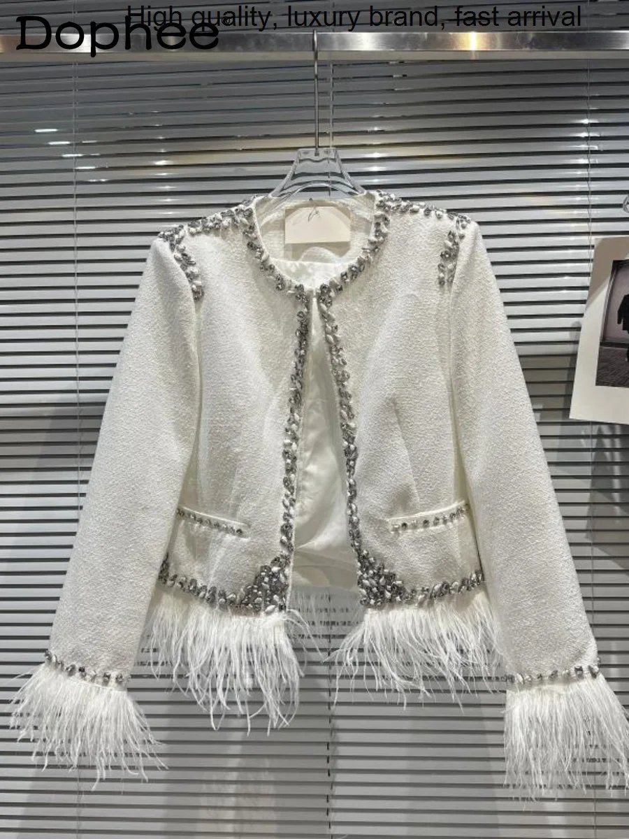 

Ostrich Elegant Socialite Feather Woolen Coat Women Heavy Rhinestone White Short Tweed Jacket Outerwear 2023 Fall Winter Clothes